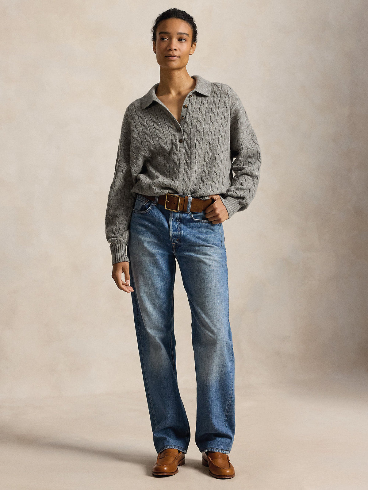 2026 New Arrival Maglia in Lana a Trecce con Collo Polo Grigio