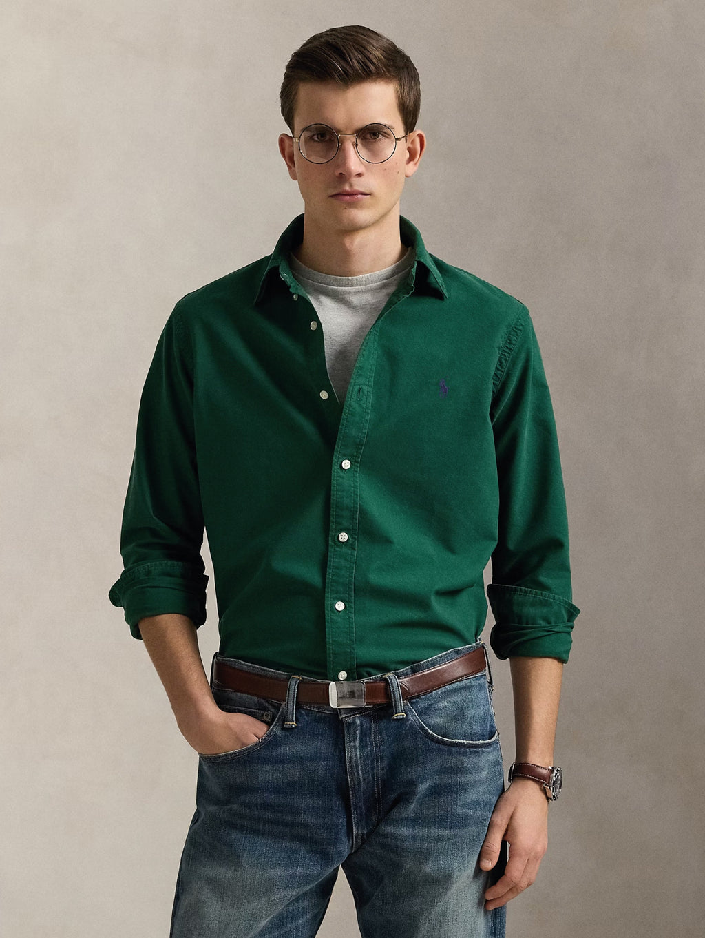 2026 New Arrival Camicia Oxford Slim Fit Tinta in Capo Verde