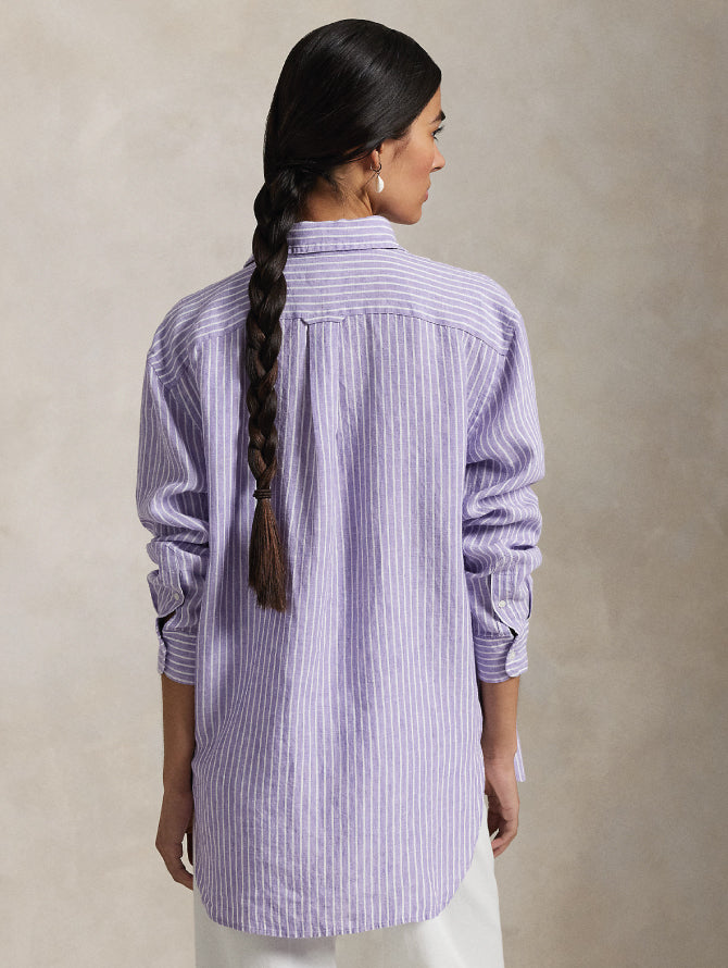 2026 New Arrival Camicia Classic Fit in Lino a Righe Viola/Bianco