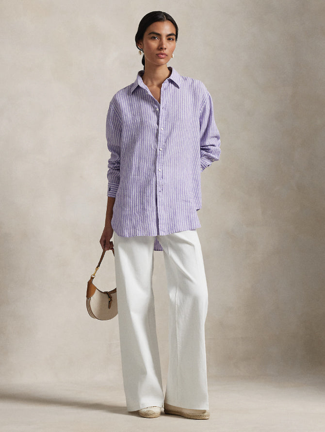 2026 New Arrival Camicia Classic Fit in Lino a Righe Viola/Bianco