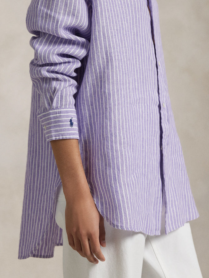 2026 New Arrival Camicia Classic Fit in Lino a Righe Viola/Bianco