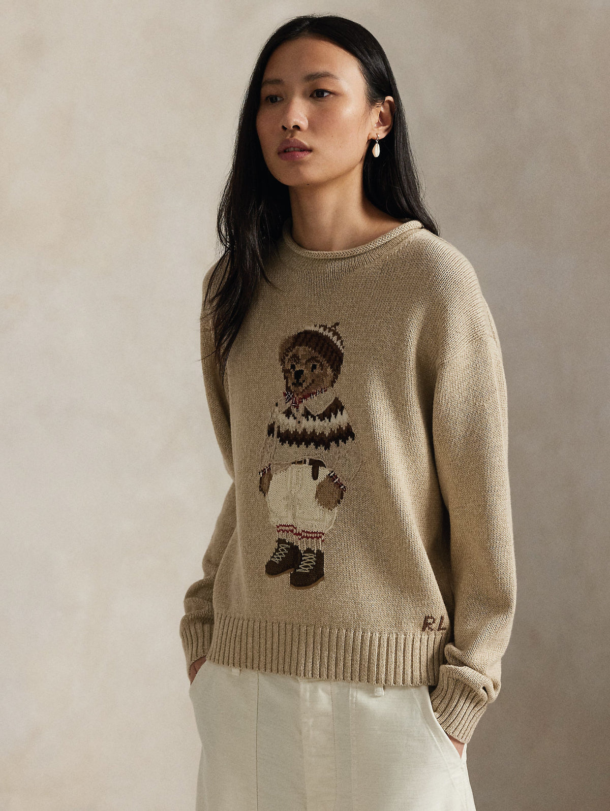 2026 New Arrival Maglione in Cotone con Intarsio Polo Bear Mandorla