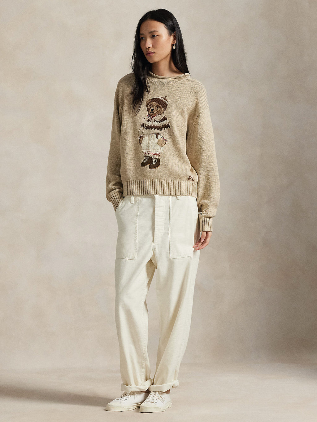 2026 New Arrival Maglione in Cotone con Intarsio Polo Bear Mandorla