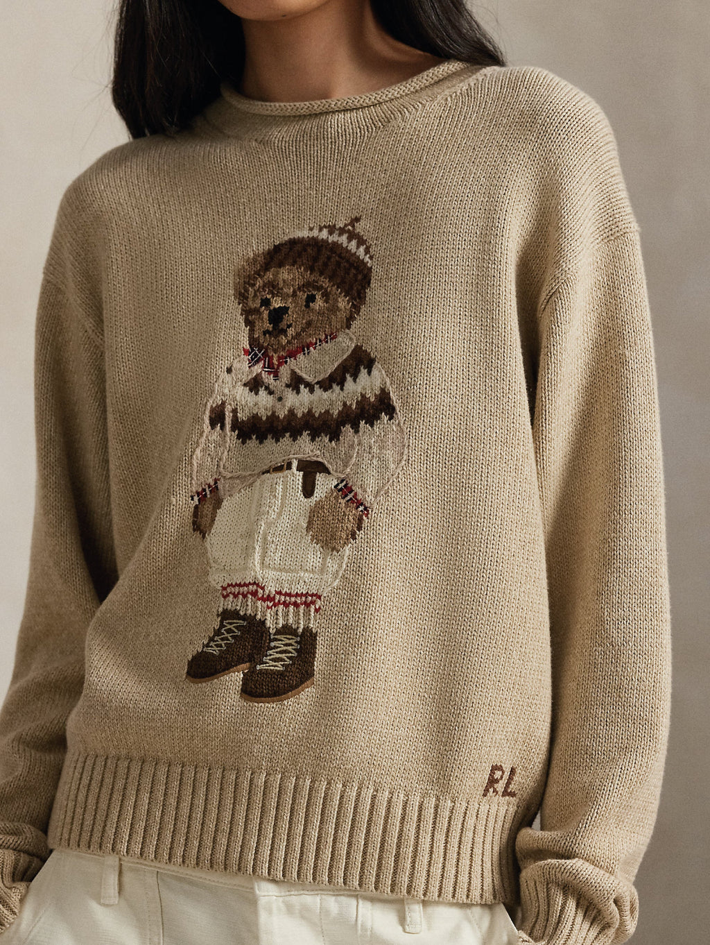 2026 New Arrival Maglione in Cotone con Intarsio Polo Bear Mandorla