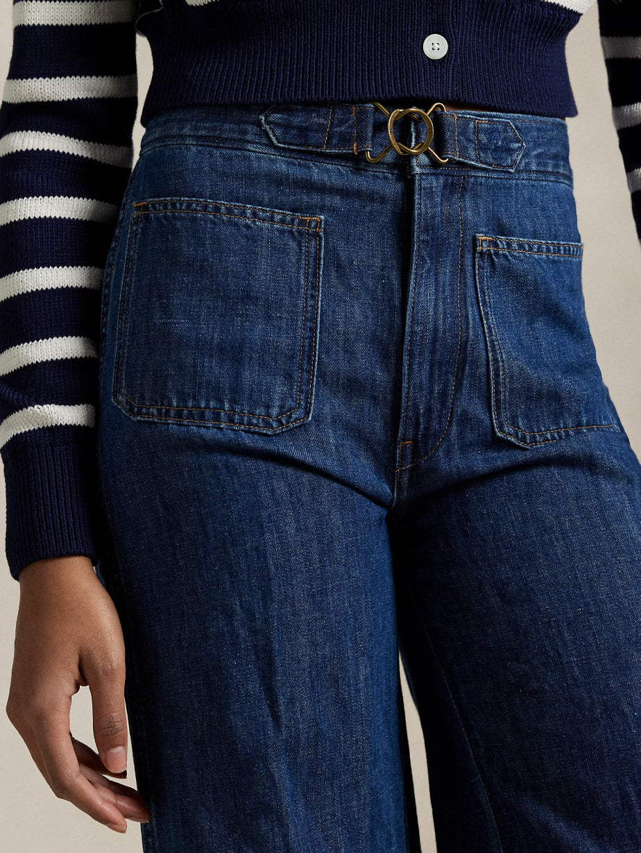 2026 New Arrival Jeans Svasati a Gamba Larga con Tasche Applicate Indaco