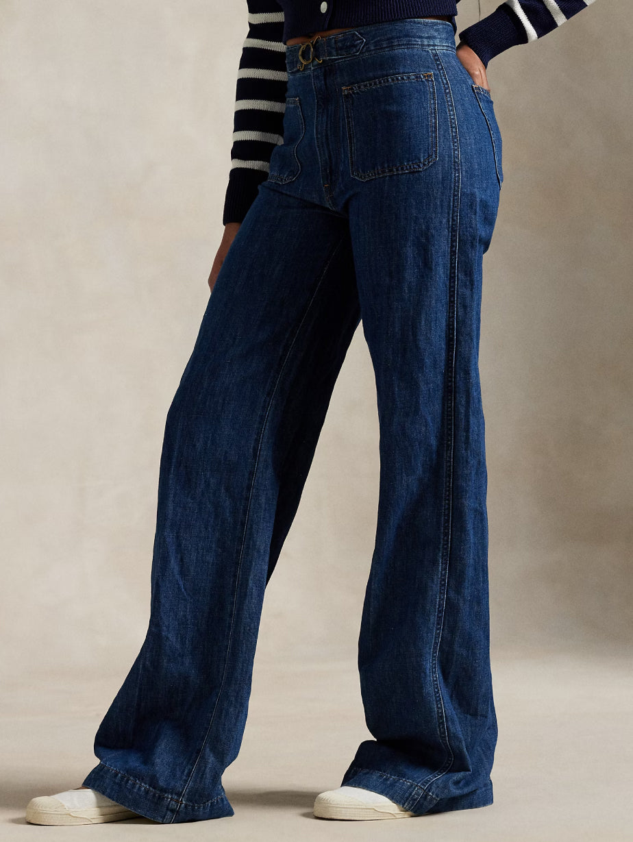 2026 New Arrival Jeans Svasati a Gamba Larga con Tasche Applicate Indaco