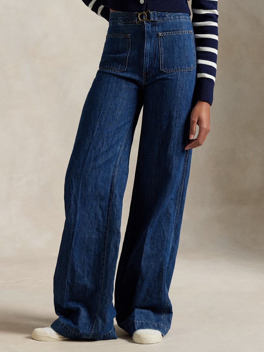 2026 New Arrival Jeans Svasati a Gamba Larga con Tasche Applicate Indaco