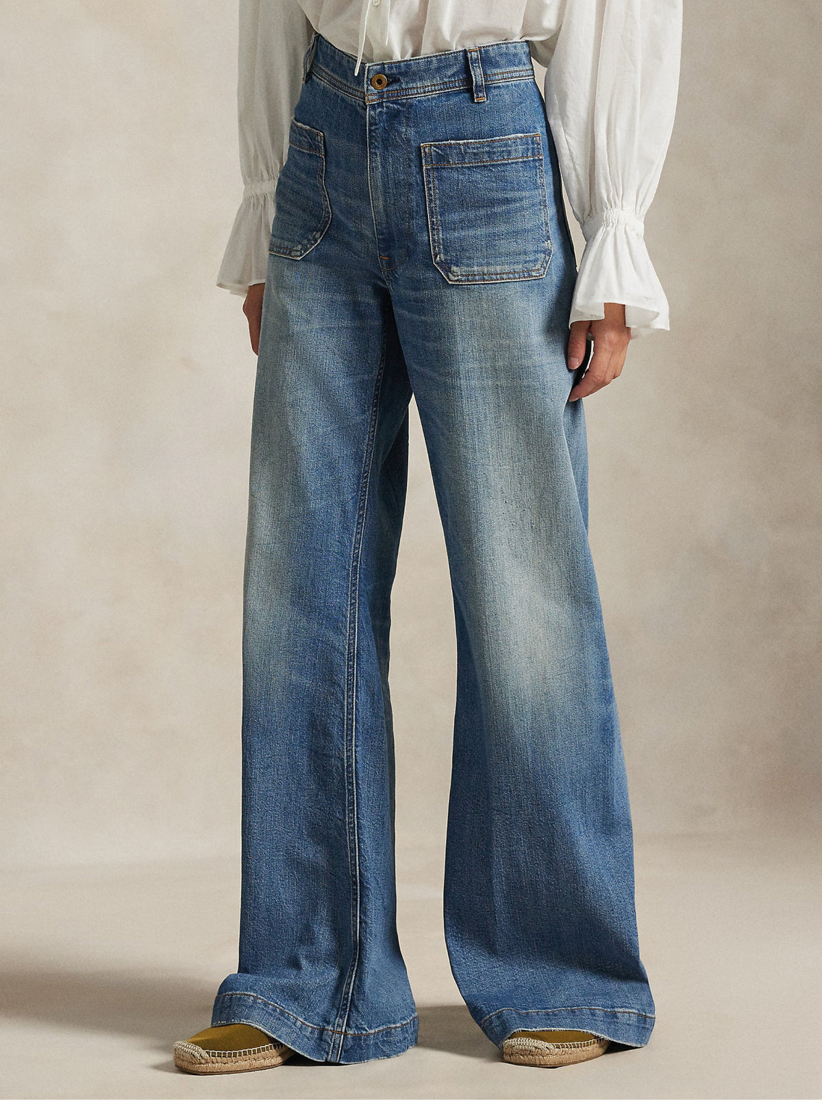 2026 New Arrival Jeans Vita Alta con Tasche Applicate Blu
