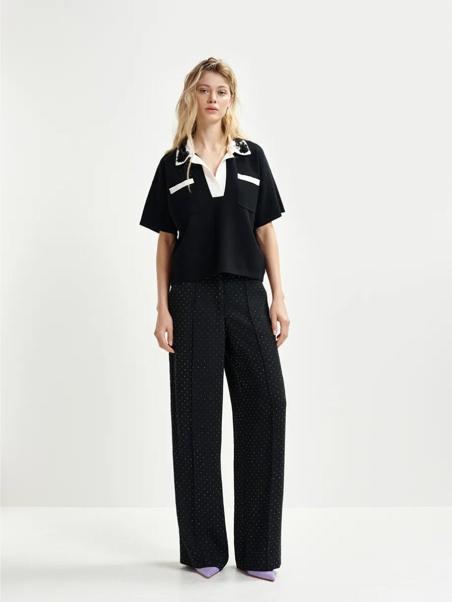 2026 New Arrival Polo in Maglia con Colletto con Paillettes e Perle Nero