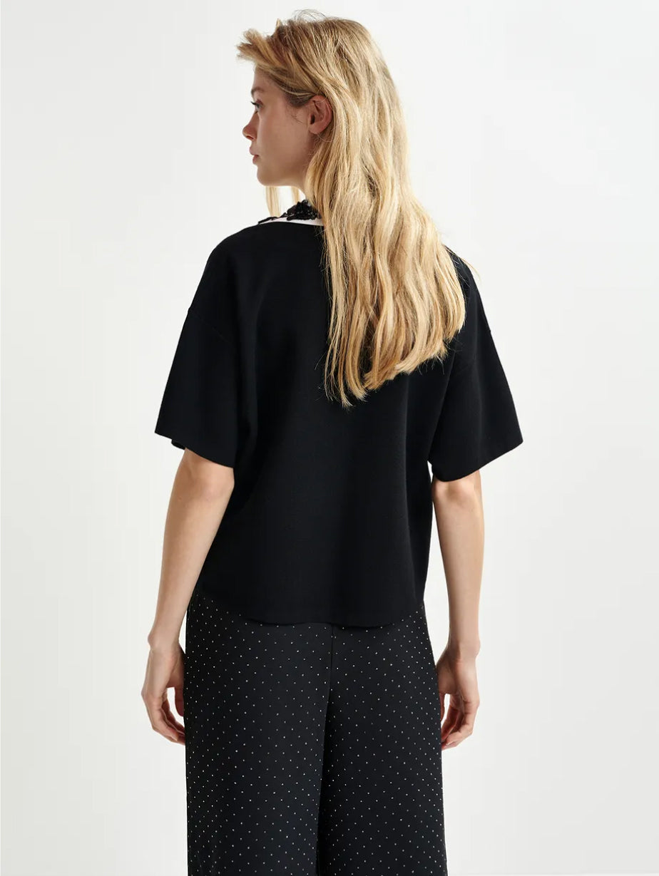 2026 New Arrival Polo in Maglia con Colletto con Paillettes e Perle Nero