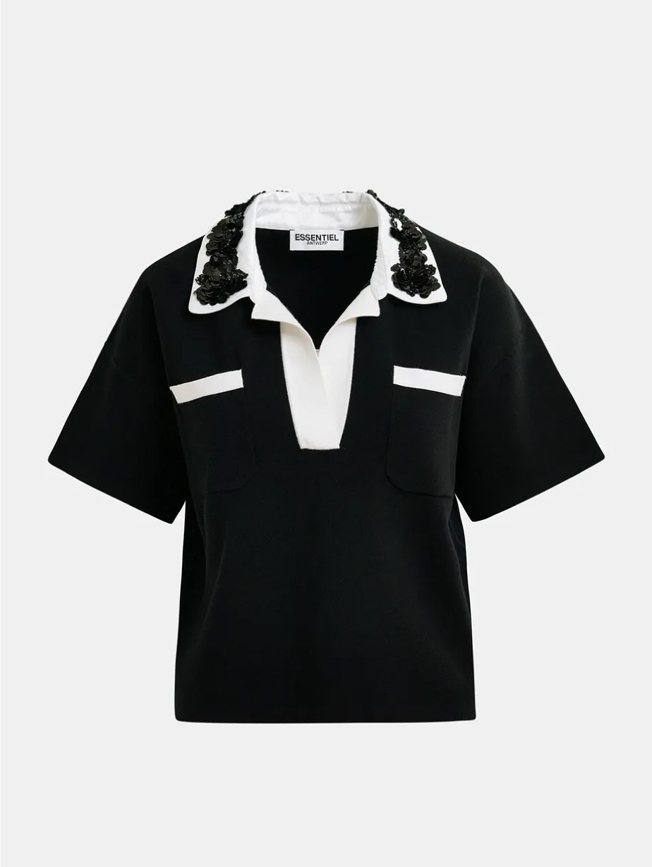2026 New Arrival Polo in Maglia con Colletto con Paillettes e Perle Nero