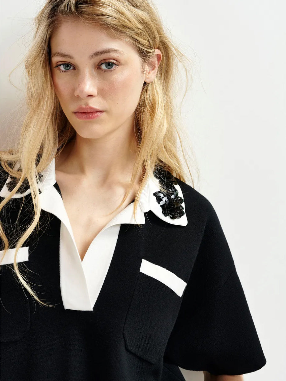 2026 New Arrival Polo in Maglia con Colletto con Paillettes e Perle Nero