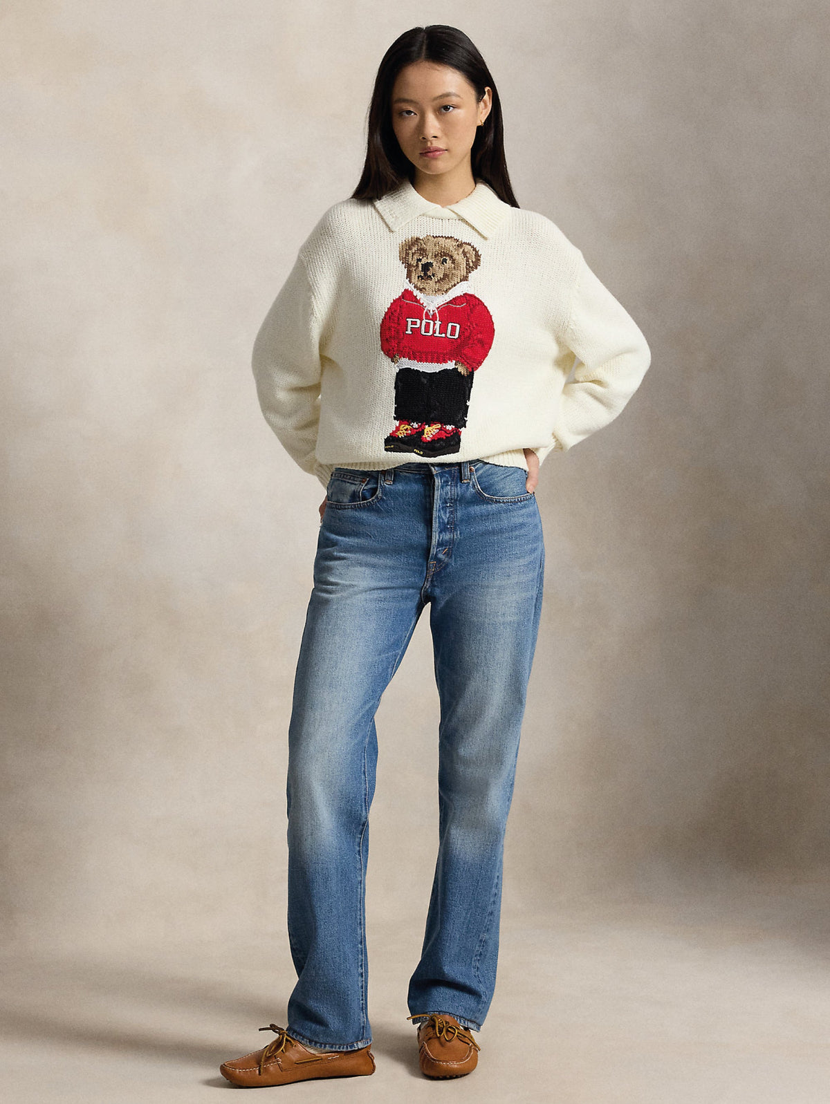 2026 New Arrival Maglione In Misto Lino e Cotone con Polo Bear Bianco