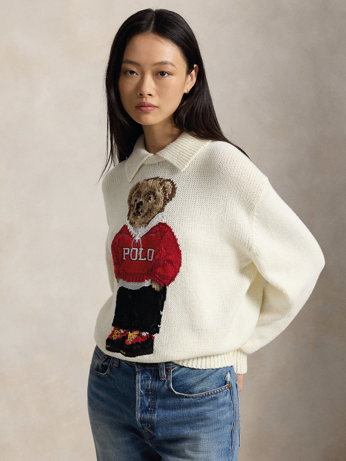 2026 New Arrival Maglione In Misto Lino e Cotone con Polo Bear Bianco