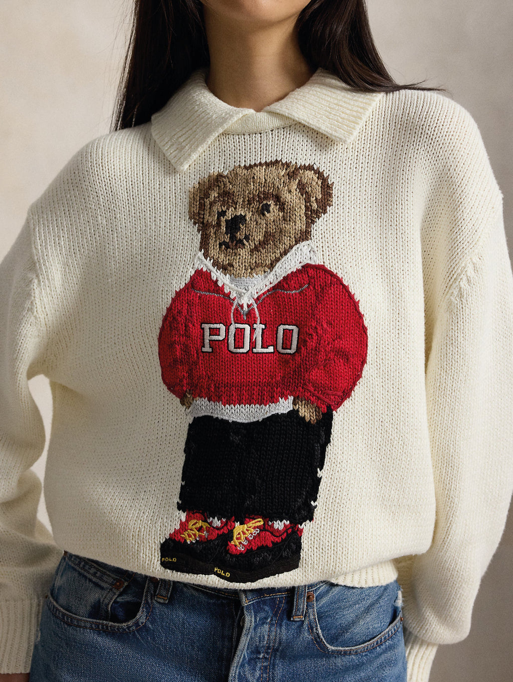 2026 New Arrival Maglione In Misto Lino e Cotone con Polo Bear Bianco