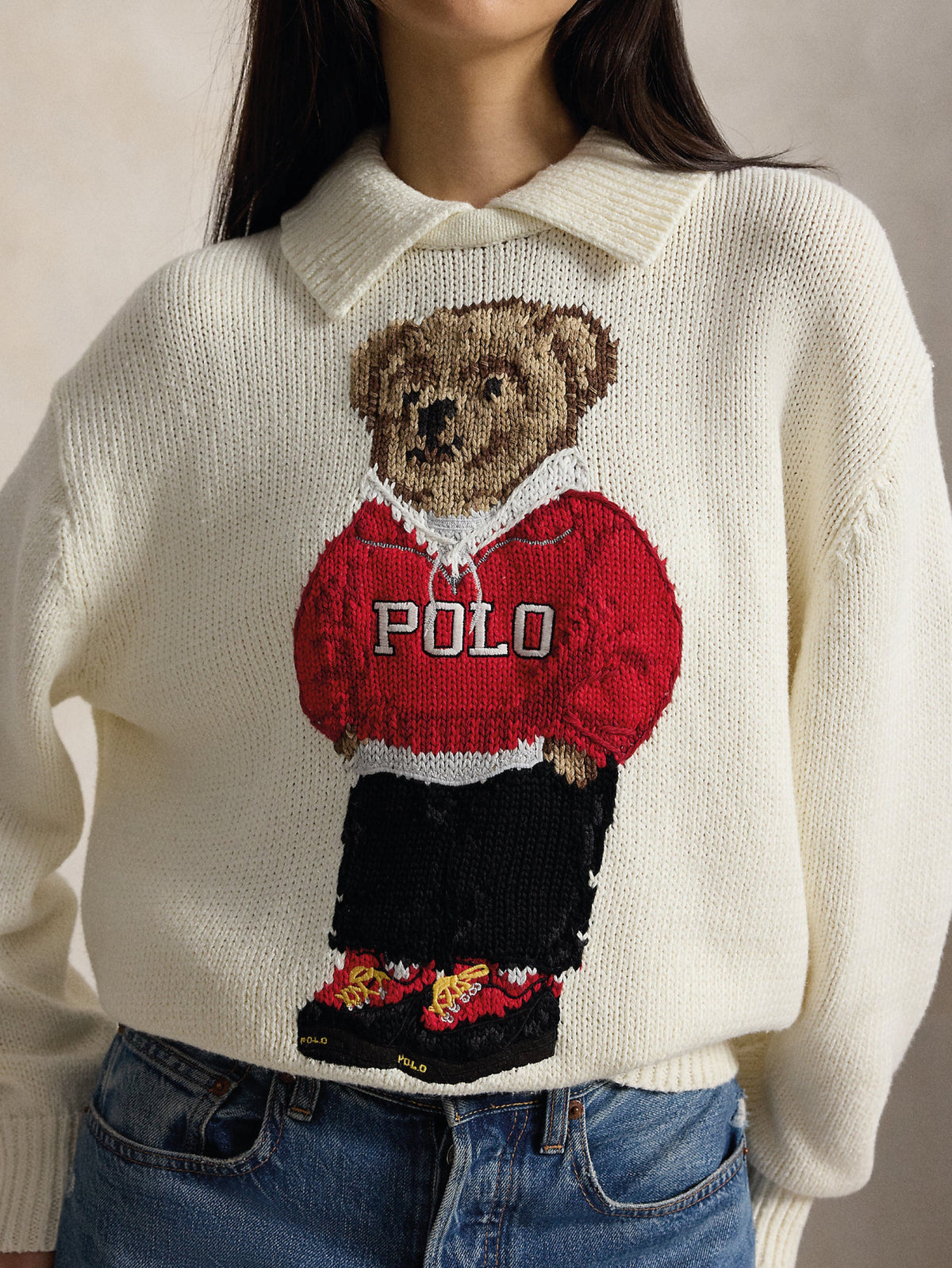 2026 New Arrival Maglione In Misto Lino e Cotone con Polo Bear Bianco