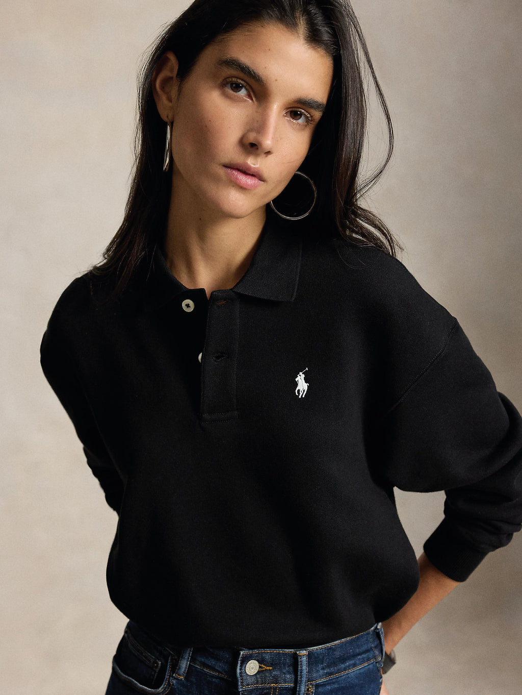 2026 New Arrival Felpa Collo Polo con Bottoni Nera
