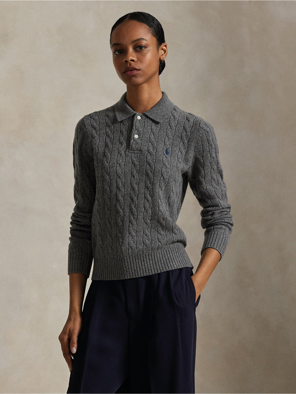 2026 New Arrival Maglia Polo a Trecce in Lana e Cashmere Grigio