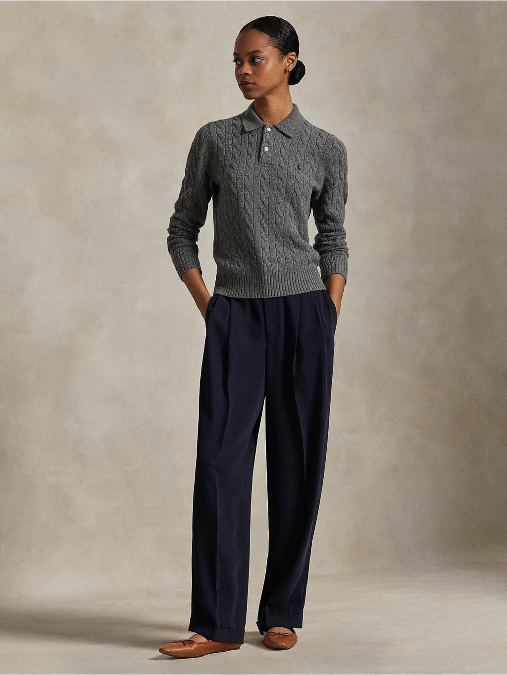 2026 New Arrival Maglia Polo a Trecce in Lana e Cashmere Grigio