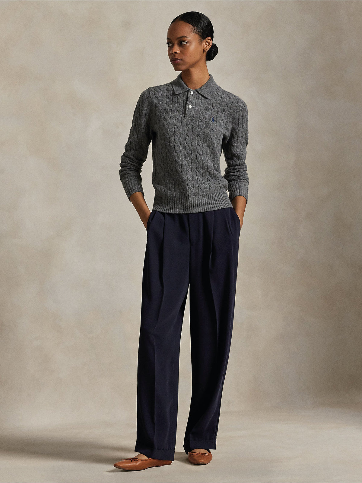2026 New Arrival Maglia Polo a Trecce in Lana e Cashmere Grigio