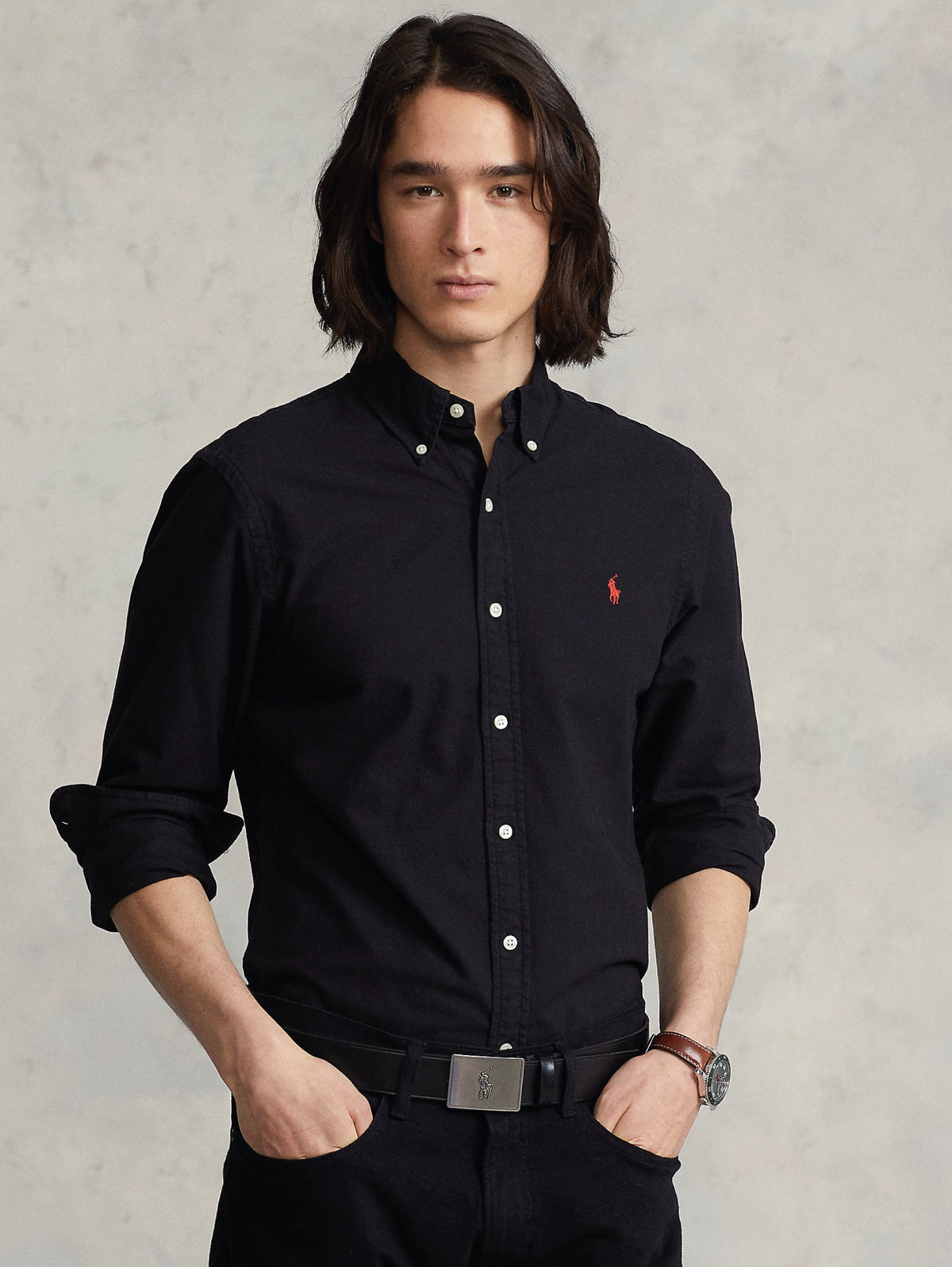 2026 New Arrival Camicia Oxford Tinta in Capo Slim Fit Nero