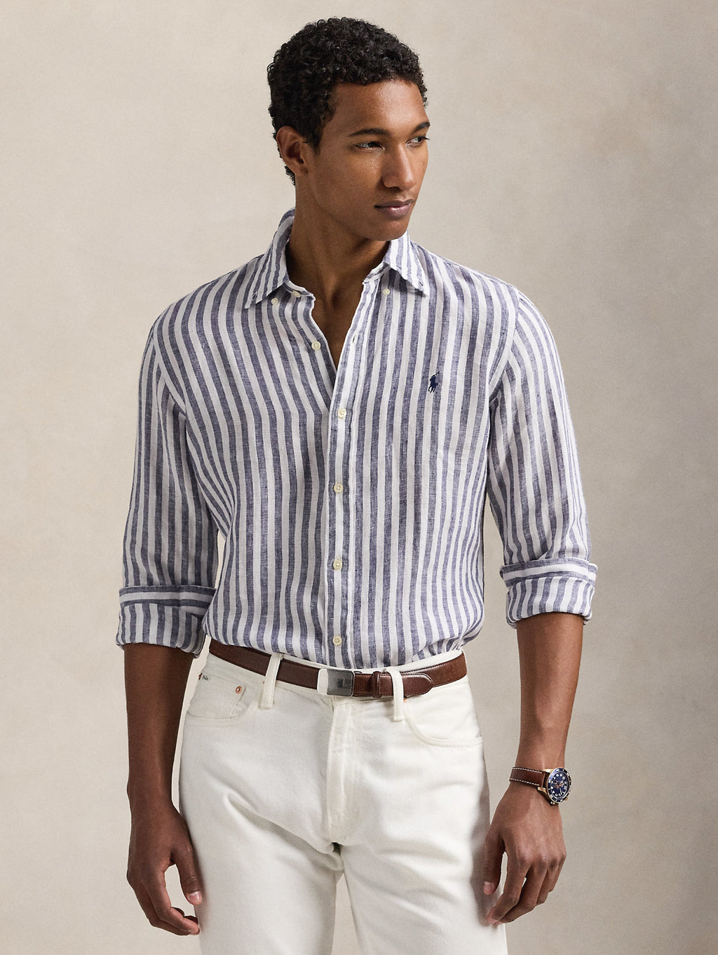 2026 New Arrival Camicia in Lino a Righe Larghe Custom Fit Viola/Bianco
