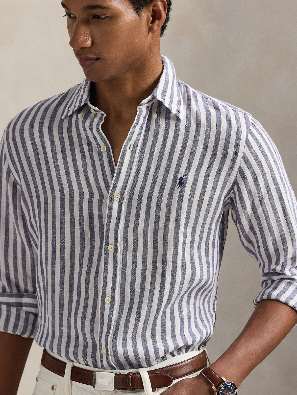 2026 New Arrival Camicia in Lino a Righe Larghe Custom Fit Viola/Bianco