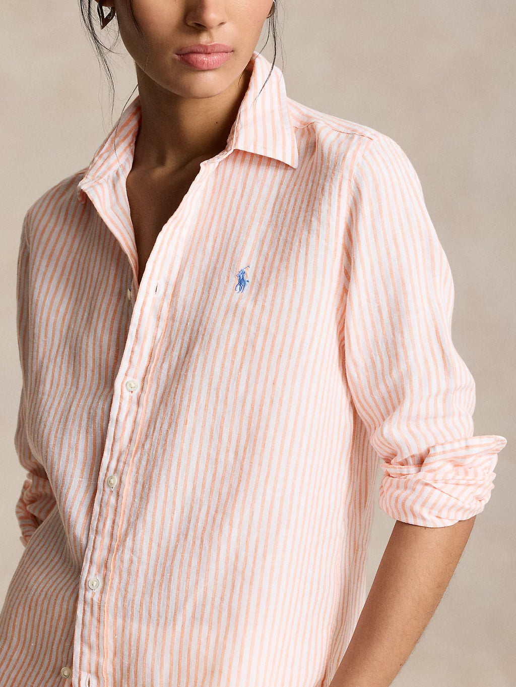2026 New Arrival Camicia a Righe in Lino Arancio/Bianco