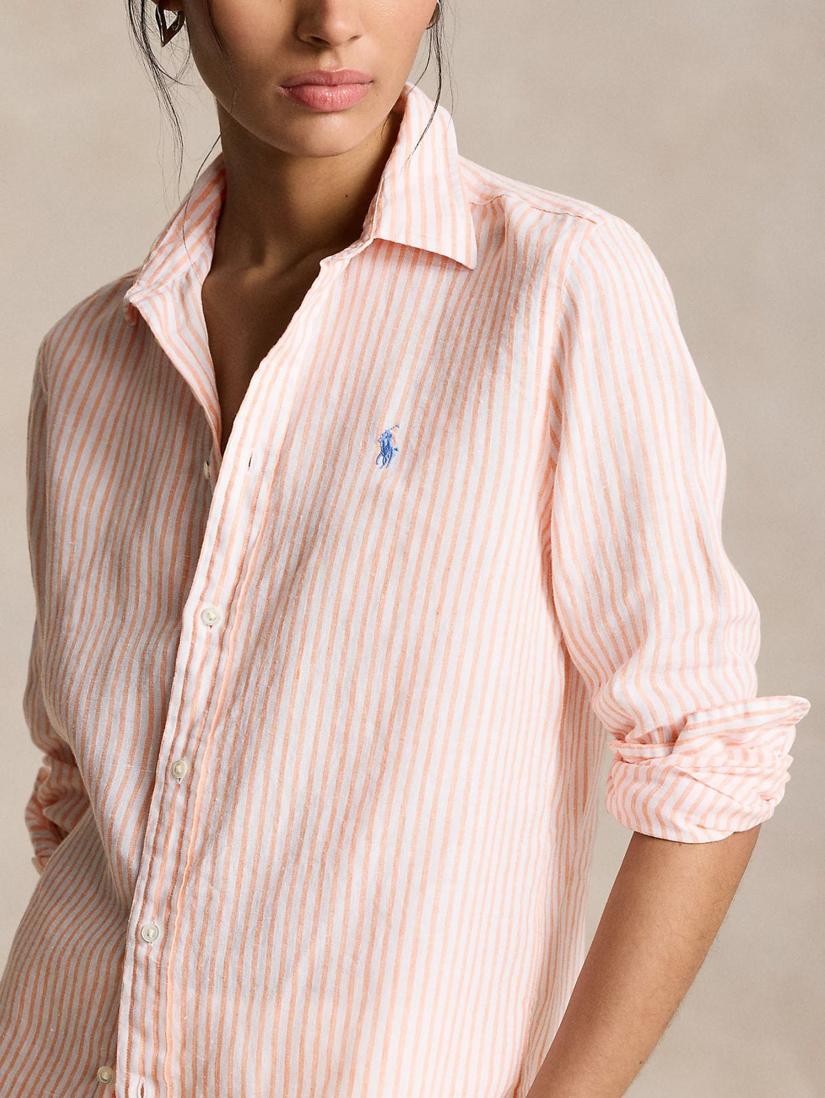 2026 New Arrival Camicia a Righe in Lino Arancio/Bianco
