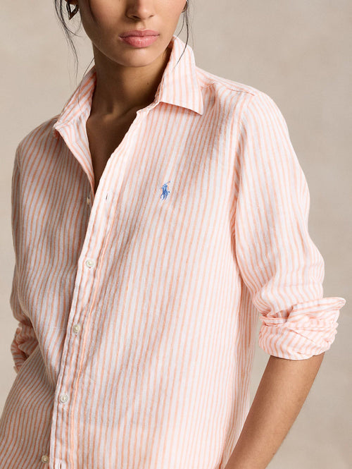 2026 New Arrival Camicia a Righe in Lino Arancio/Bianco