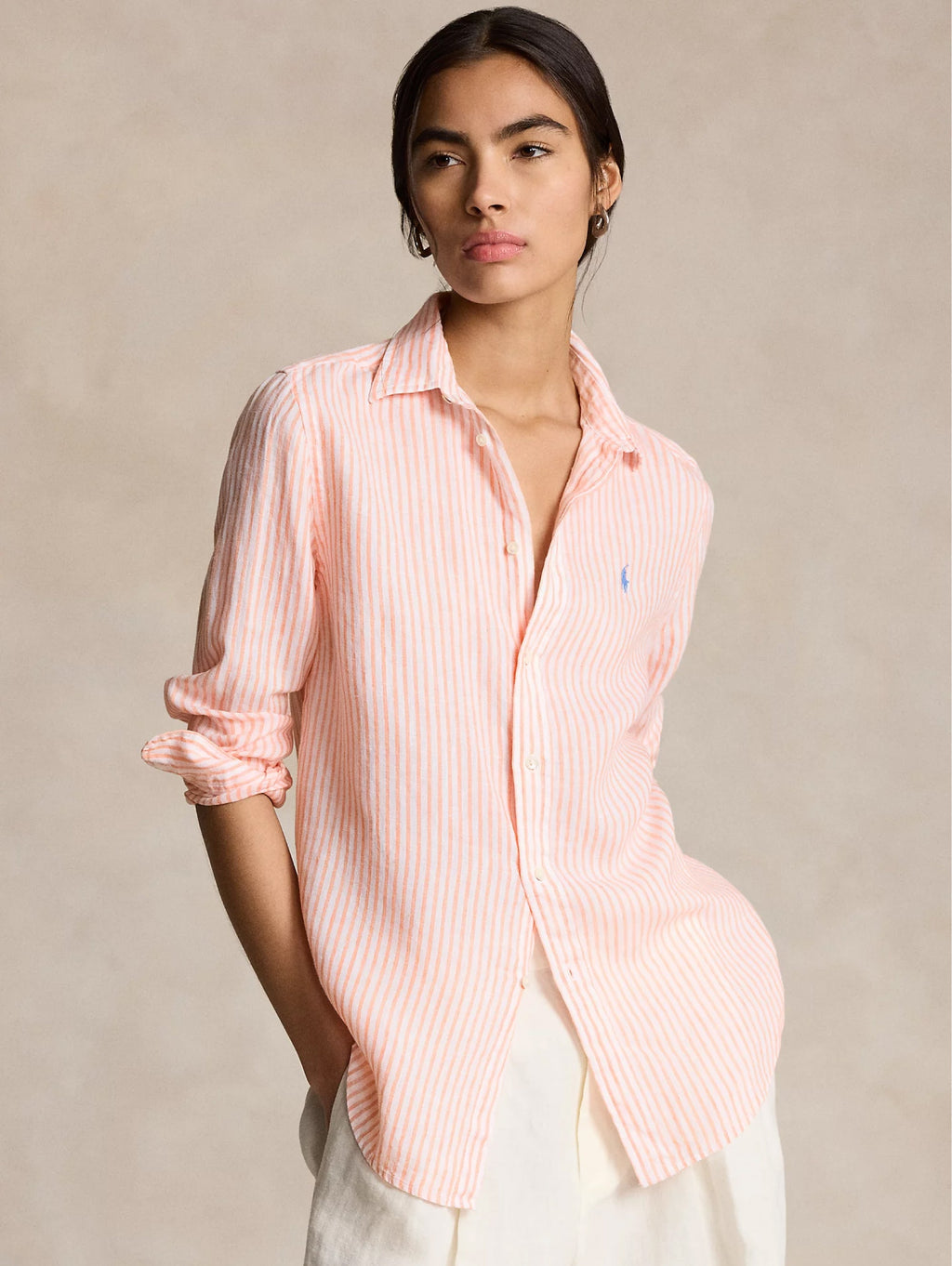 2026 New Arrival Camicia a Righe in Lino Arancio/Bianco