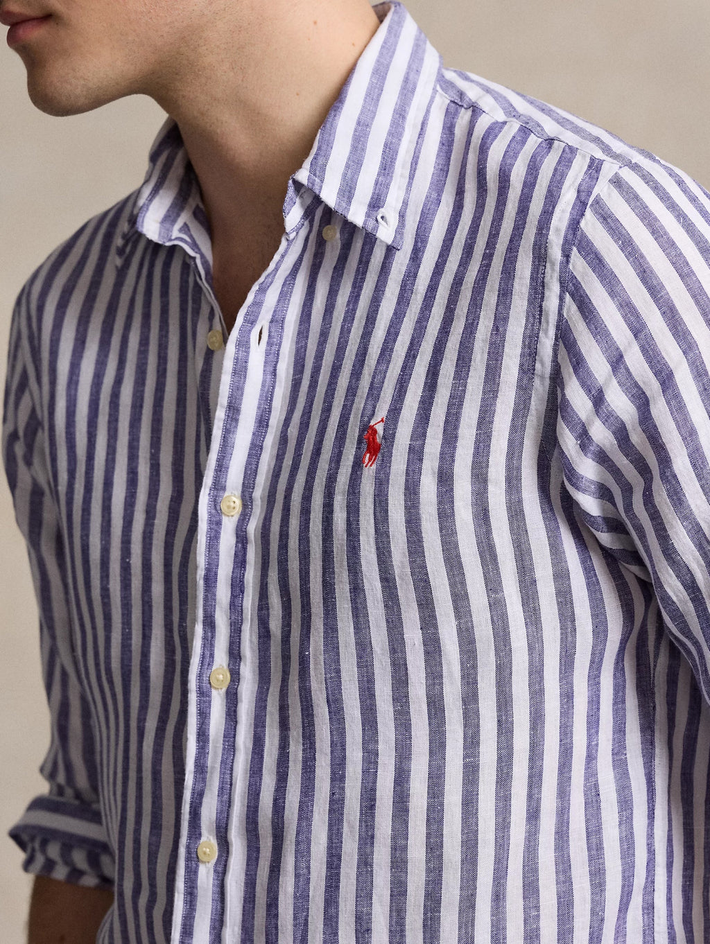 2026 New Arrival Camicia a Righe Custom Fit in Lino Blu/Bianco