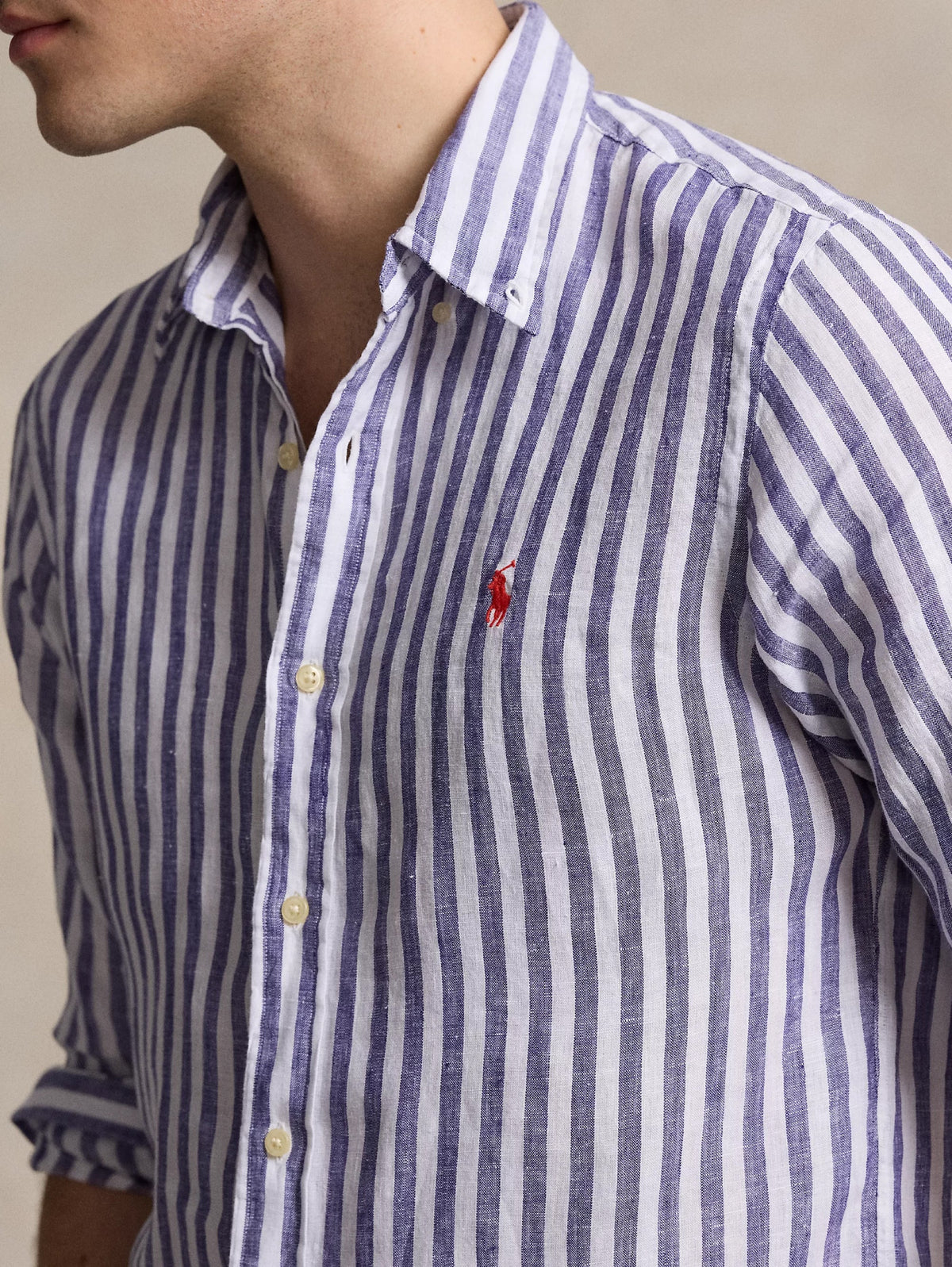2026 New Arrival Camicia a Righe Custom Fit in Lino Blu/Bianco