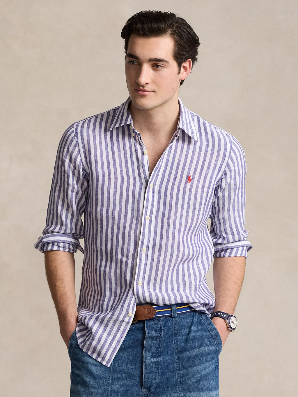 2026 New Arrival Camicia a Righe Custom Fit in Lino Blu/Bianco