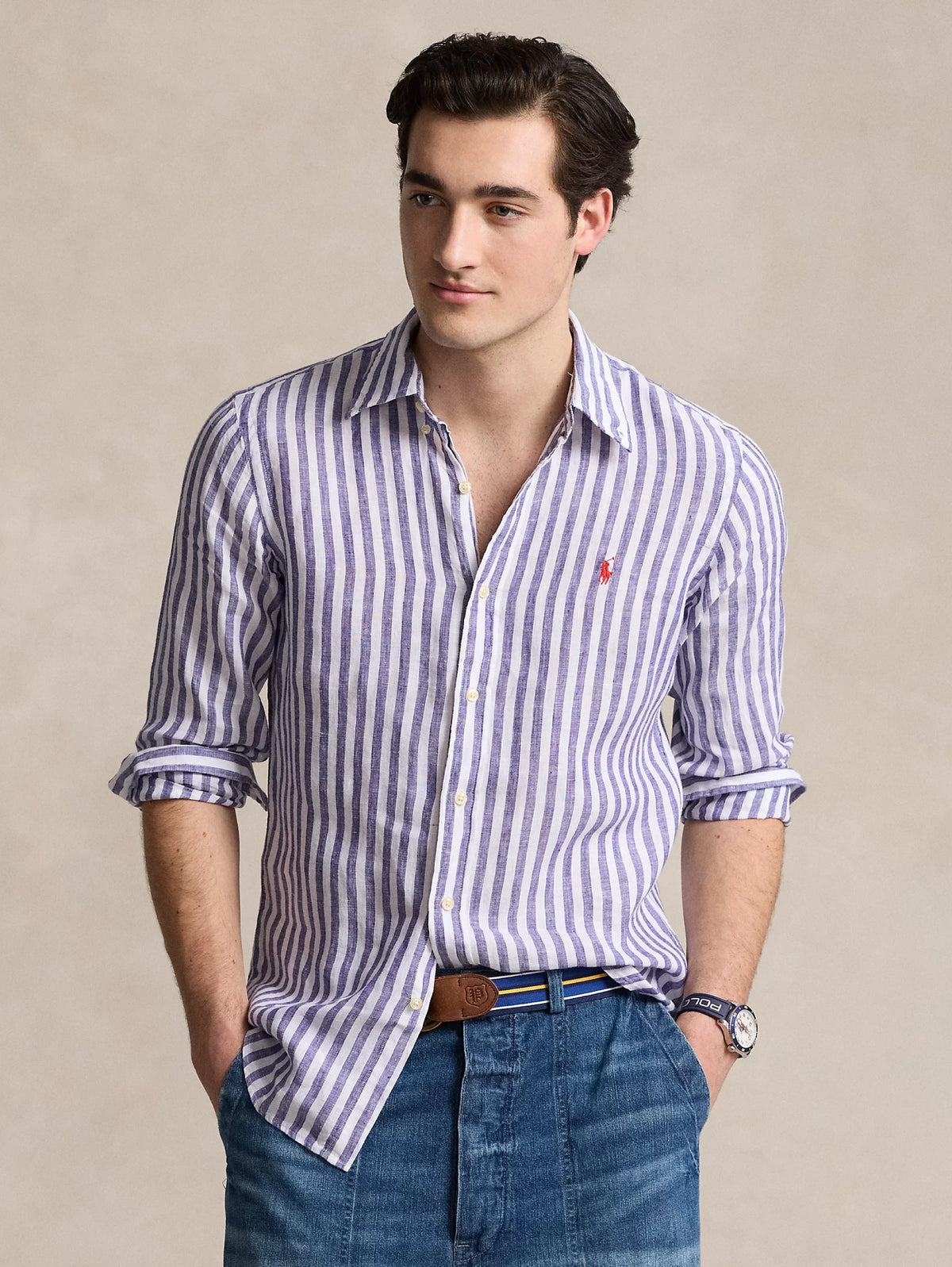 2026 New Arrival Camicia a Righe Custom Fit in Lino Blu/Bianco