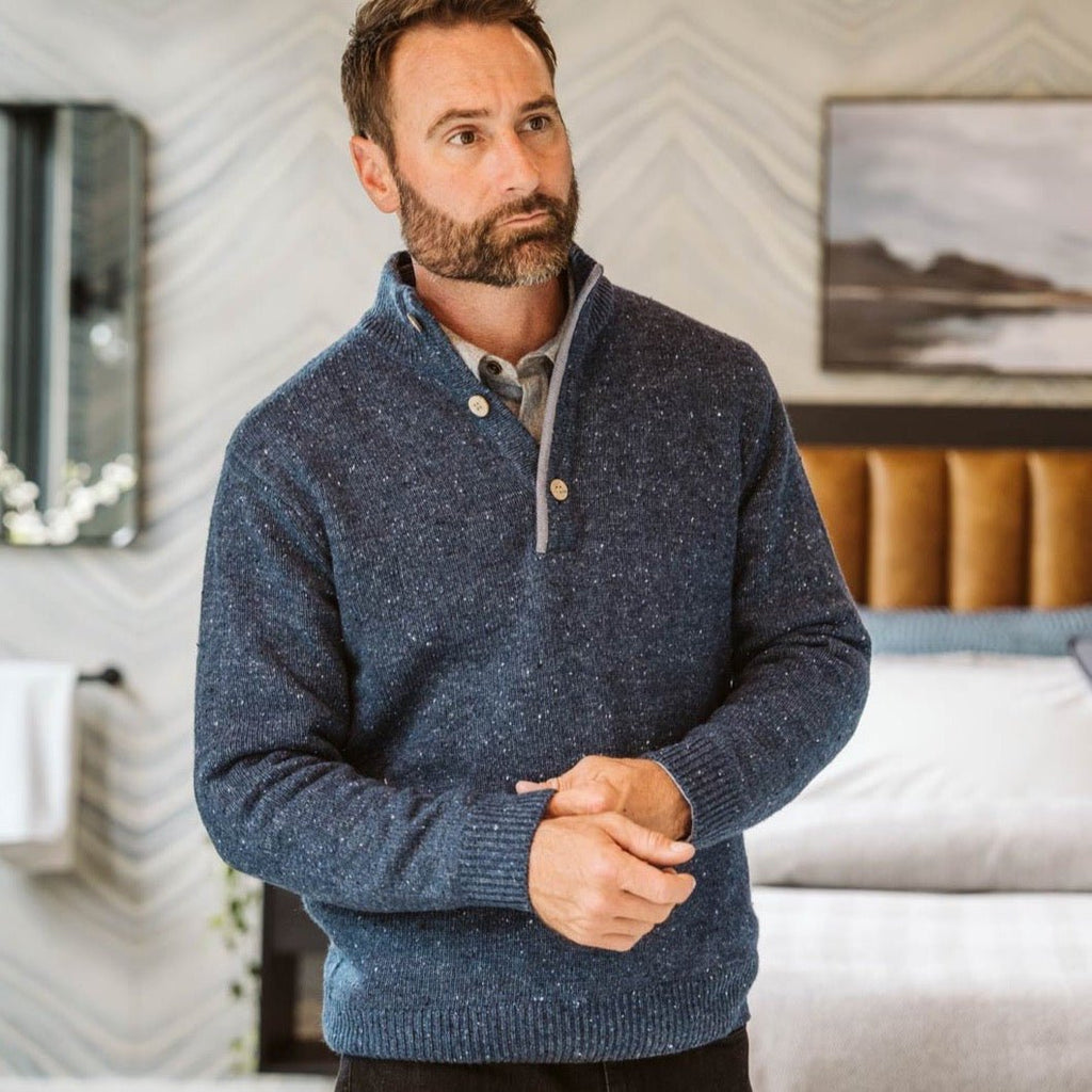 2026 New Arrival Quarter Button Wool Sweater | Navy Fleck