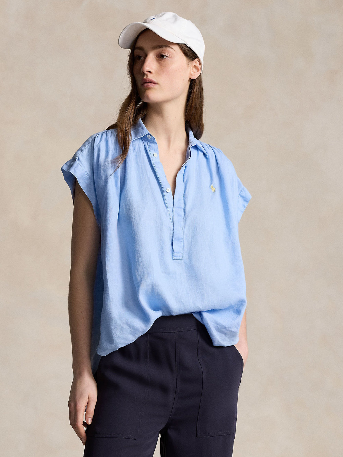 2026 New Arrival Camicia in Lino con Arricciature Blu