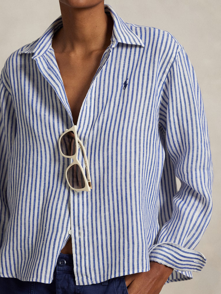 2026 New Arrival Camicia a Righe in Lino Bianco/Blu