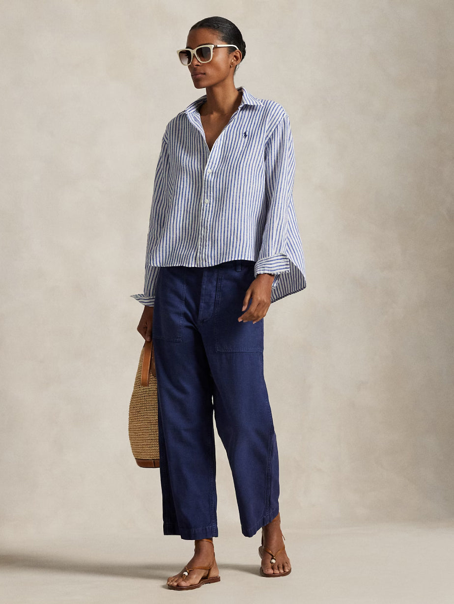2026 New Arrival Camicia a Righe in Lino Bianco/Blu