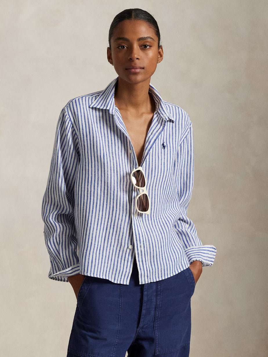 2026 New Arrival Camicia a Righe in Lino Bianco/Blu