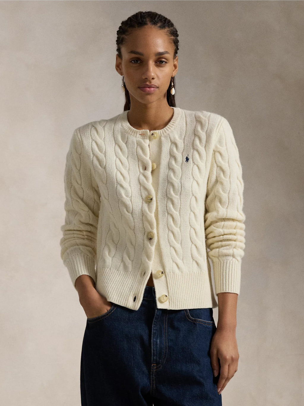 2026 New Arrival Cardigan a Trecce in Misto Cashmere Crema