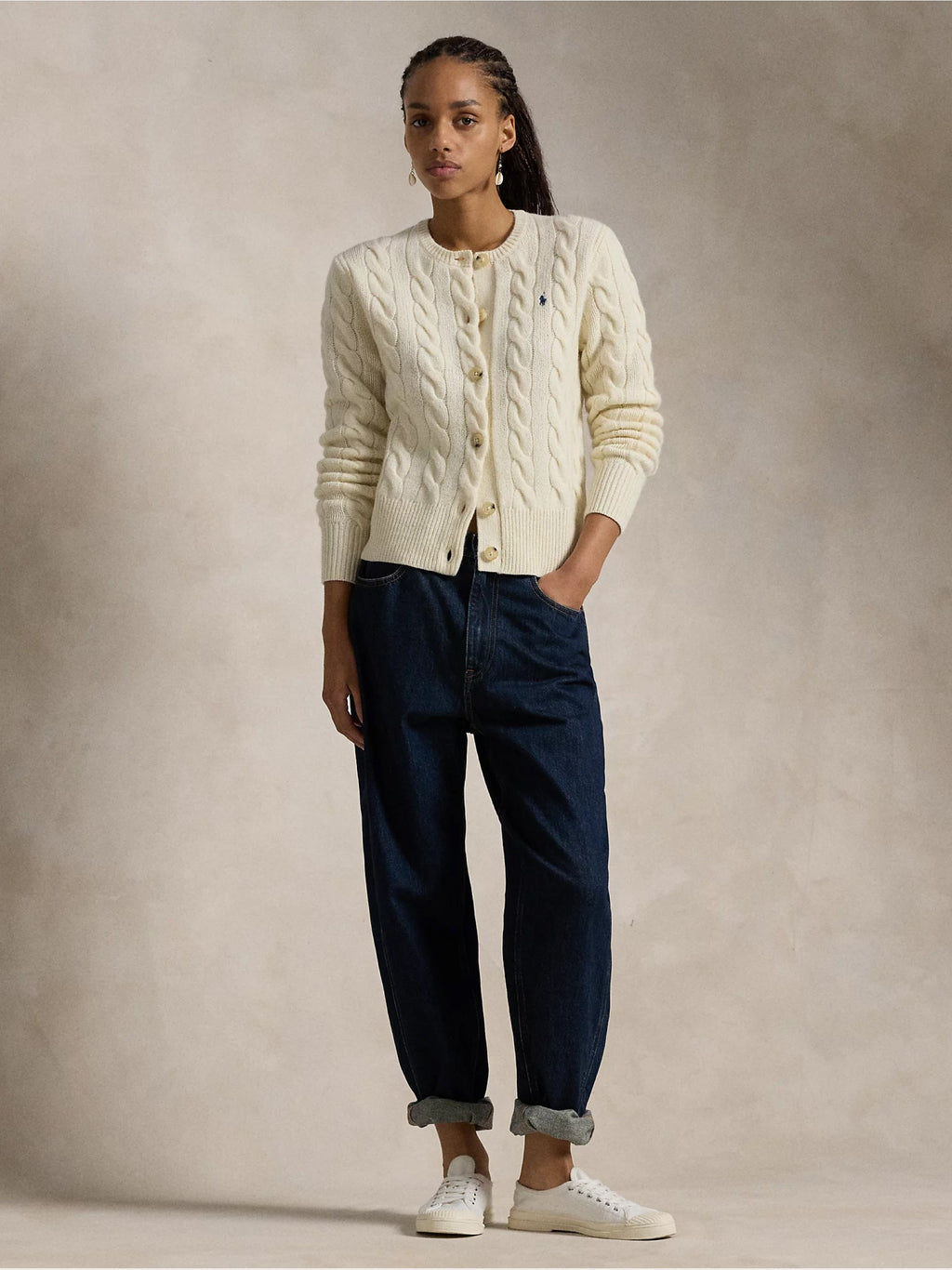 2026 New Arrival Cardigan a Trecce in Misto Cashmere Crema