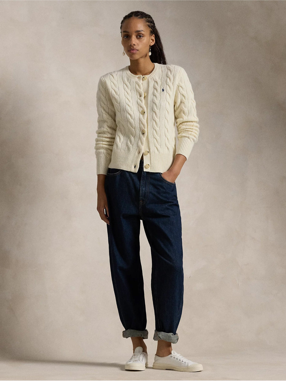 2026 New Arrival Cardigan a Trecce in Misto Cashmere Crema