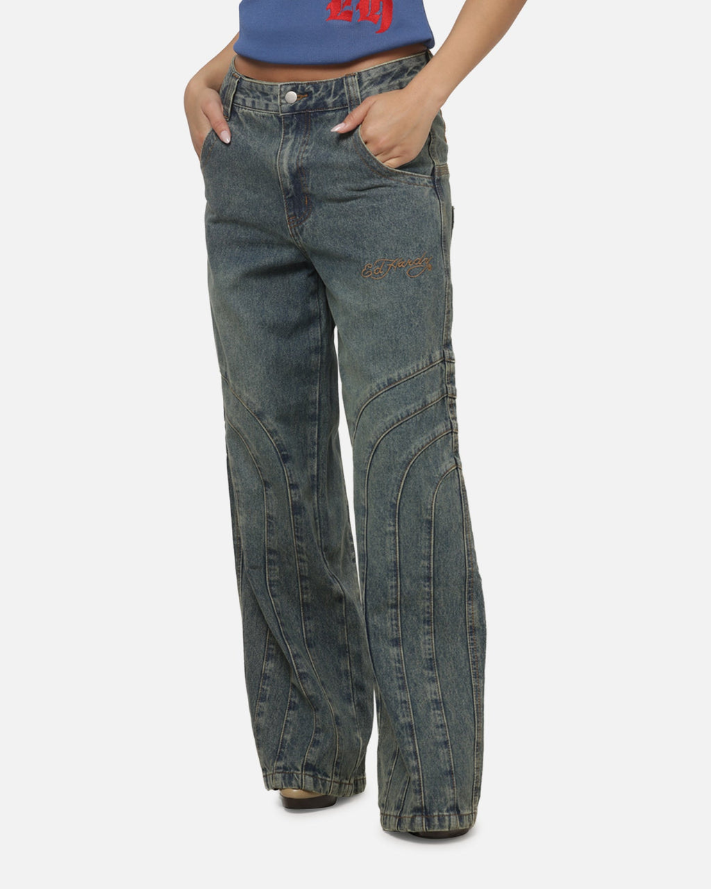 New Products Women's Panelled Ultra Baggy Jeans Mid Blue