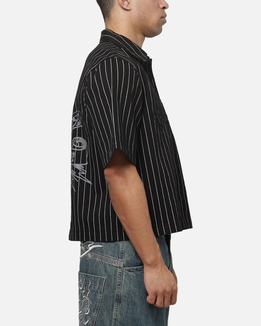 New Products Ed Hardy Eagle Button Up Shirt Black Pinstripe