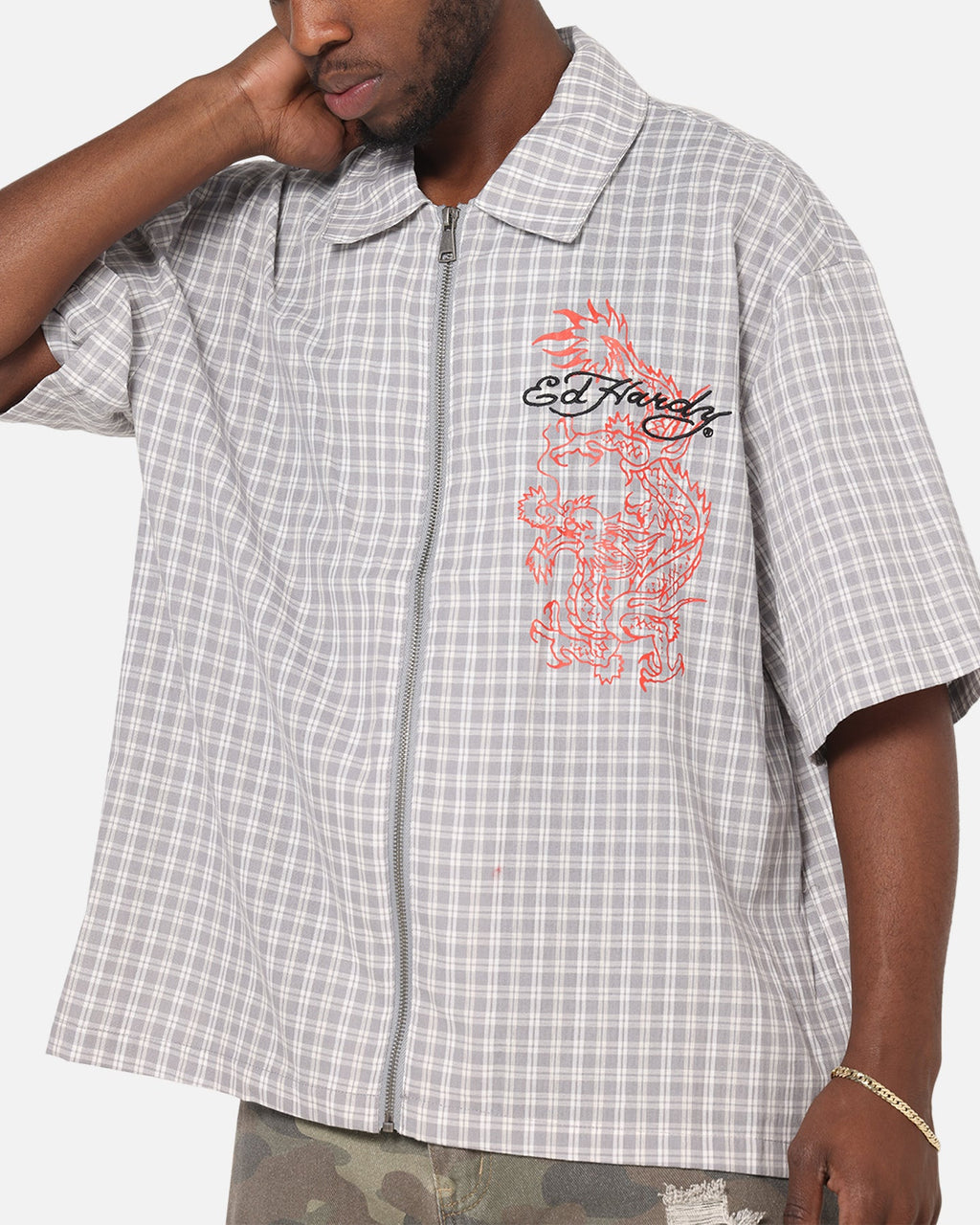 New Products Ed Hardy Dragon Zip Shirt Grey/White