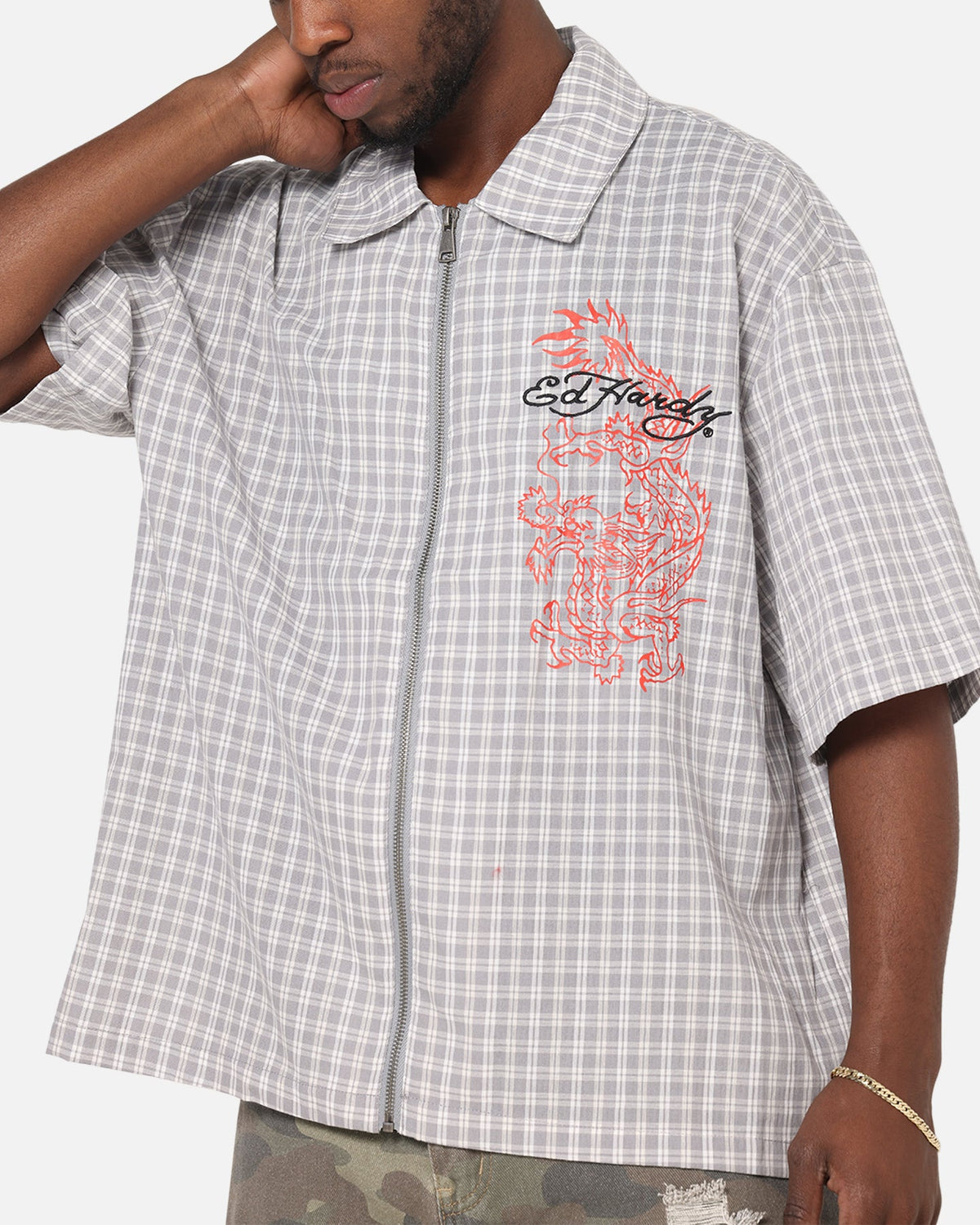 New Products Ed Hardy Dragon Zip Shirt Grey/White