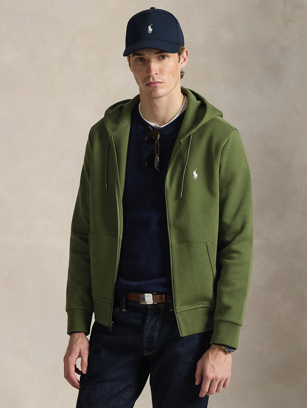 2026 New Arrival Felpa con Cappuccio e Zip in Maglia Doppia Verde Oliva