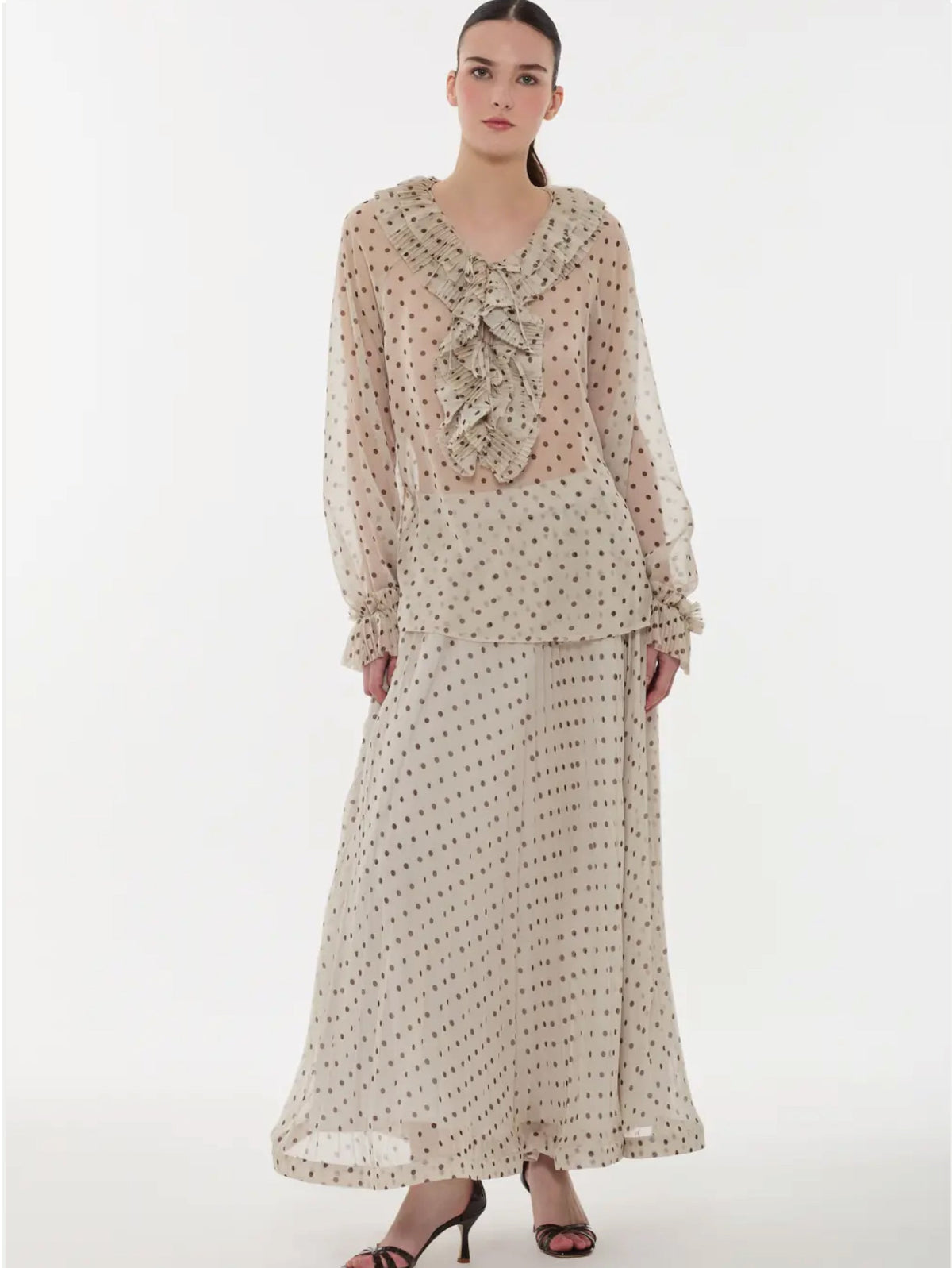 2026 New Arrival Gonna in Chiffon a Pois Panna/Marrone
