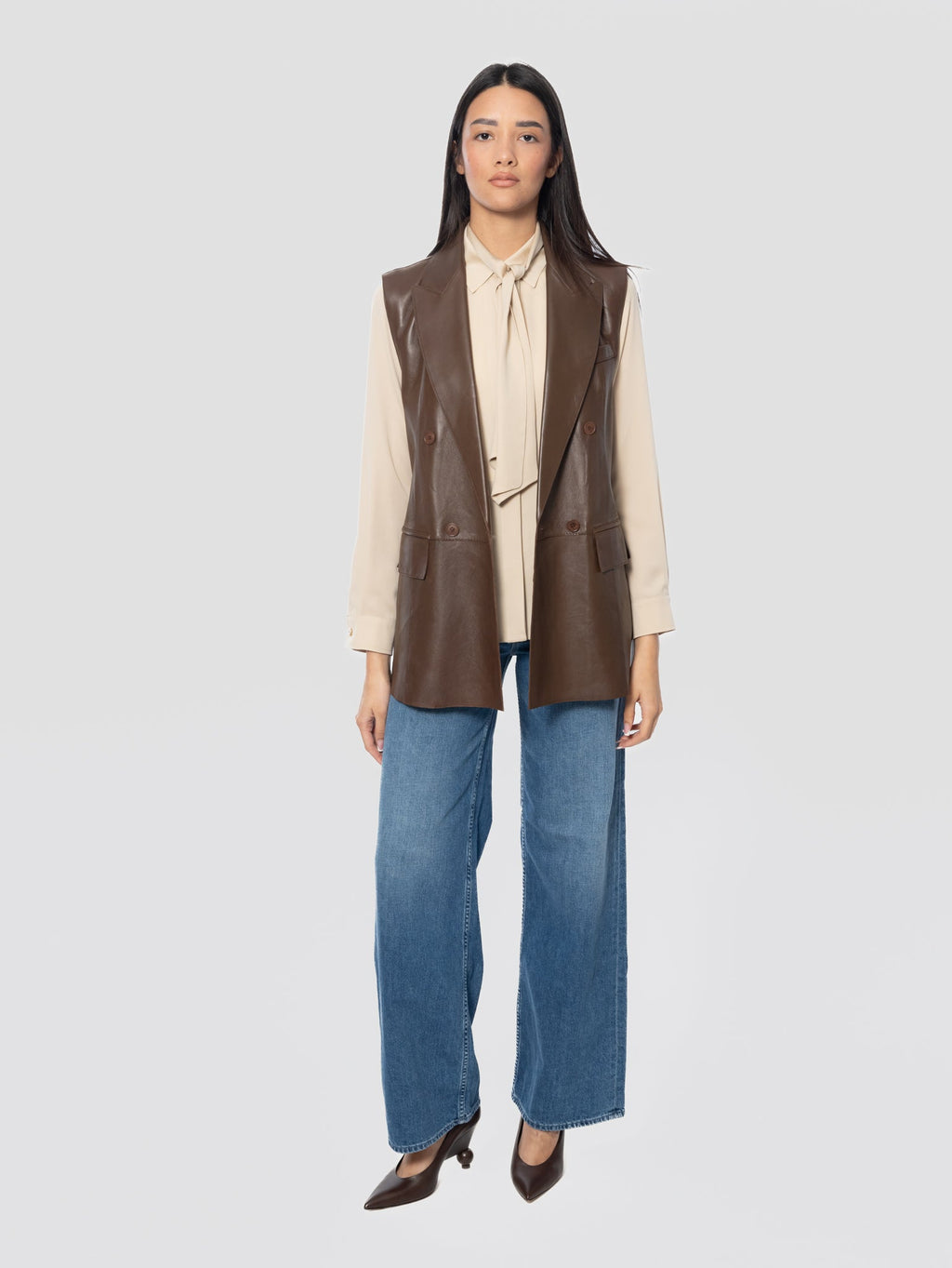 2026 New Arrival Gilet in Pelle Doppiopetto Marrone
